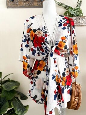 Floral Tie-Front Romper in White with Red & Mustard Blooms